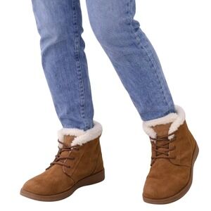 Makalu Ankle Boots Women‎ Brown Faux Fur Trim Lace Up Suede Winter Booties
